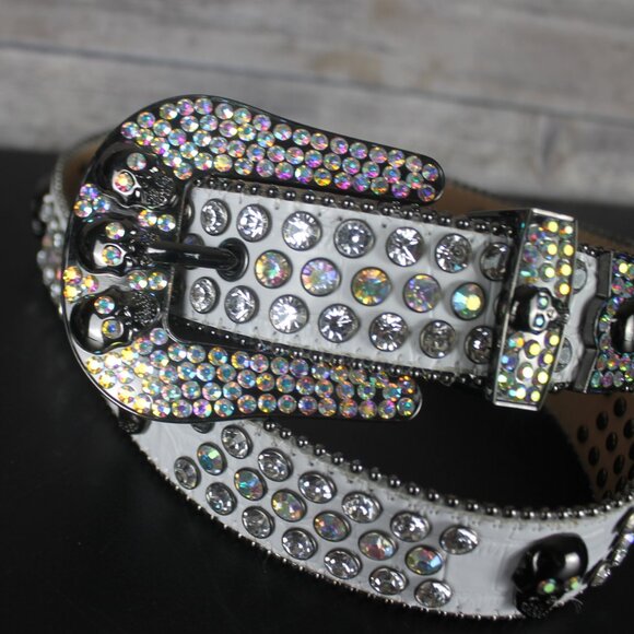 White Faux Leather Woman Belt Skull Rhinestone Western Motorcycle Bling Carnival main image 15